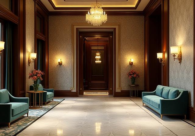 Hall di un hotel di lusso con carta da parati damascata metallizzata.