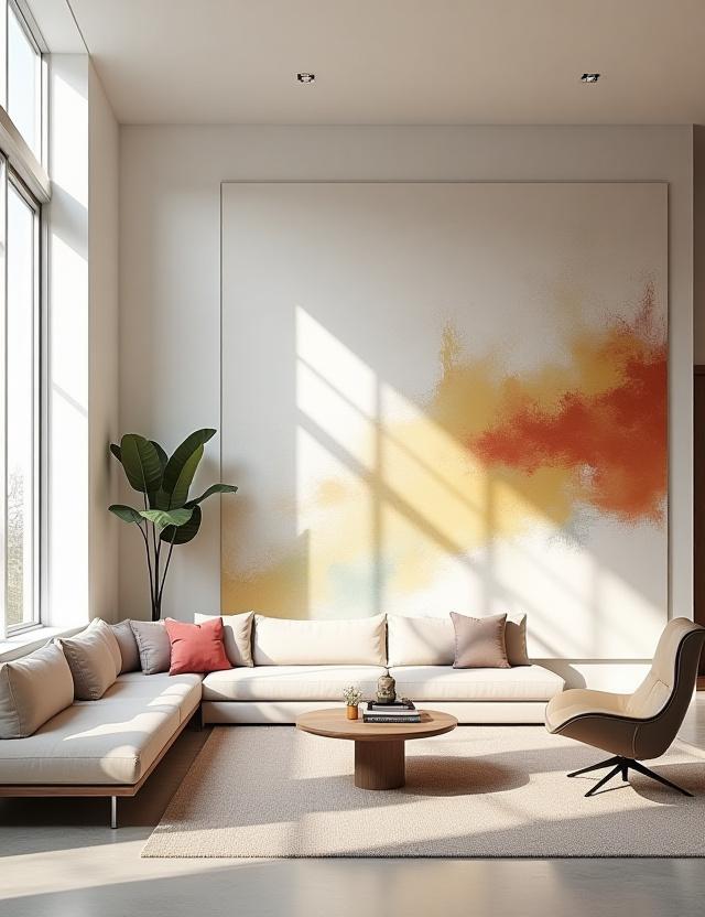 Soggiorno moderno con una parete d'accento decorata con un murale astratto di Ombra Luce.