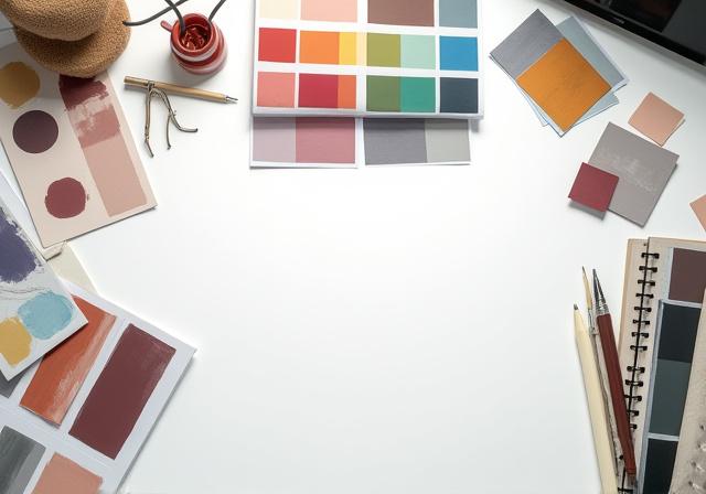 Tavolo da lavoro di un designer con campioni di colore e bozzetti di carta da parati.